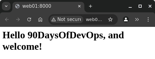 screenshot of web browser showing the contents of http://web01:8000; the page reads "Hello 90DaysOfDevOps, and welcome!".