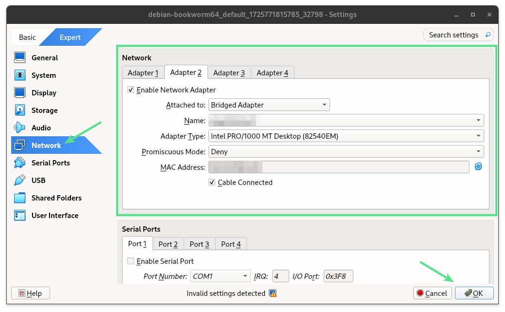 Screenshot of Virtualbox GUI, showing where to add a second virtual network interface to our VM